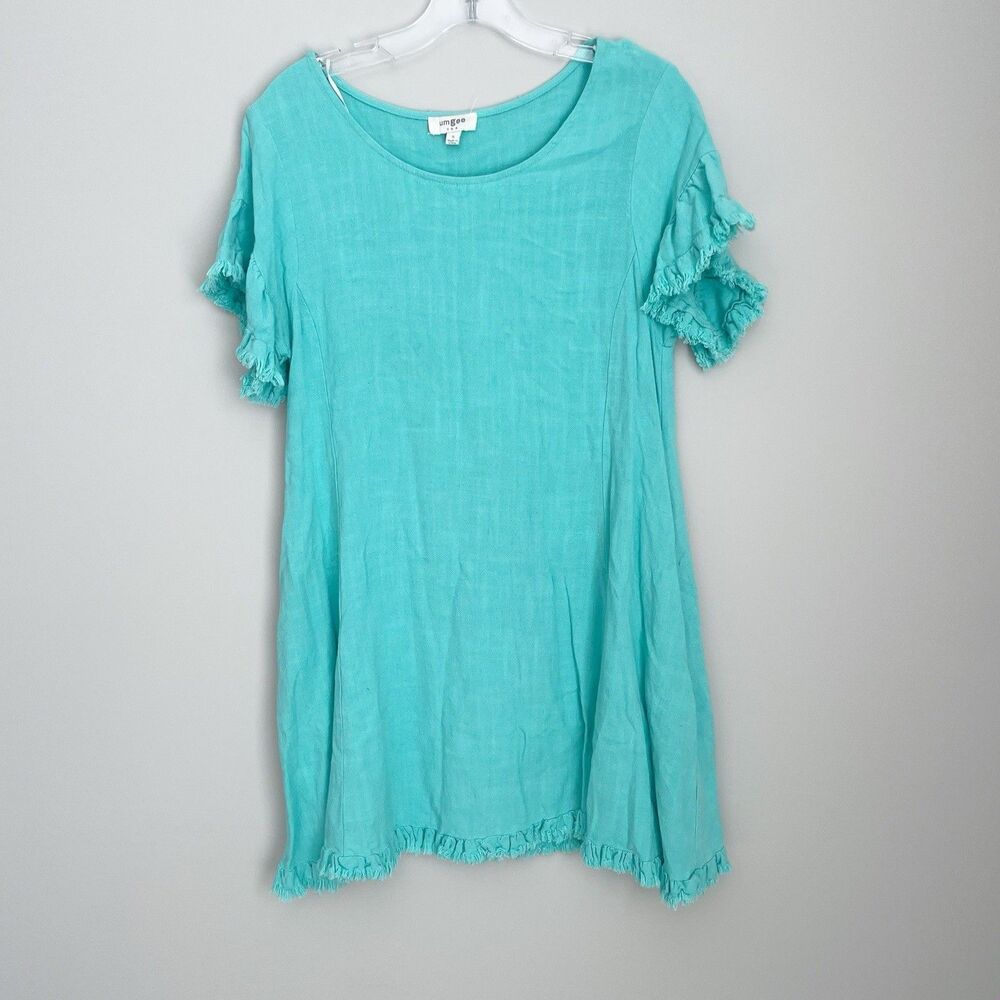 Umgee Size S Aqua Blue Linen Blend Tunic Dress Pockets Short Sleeve